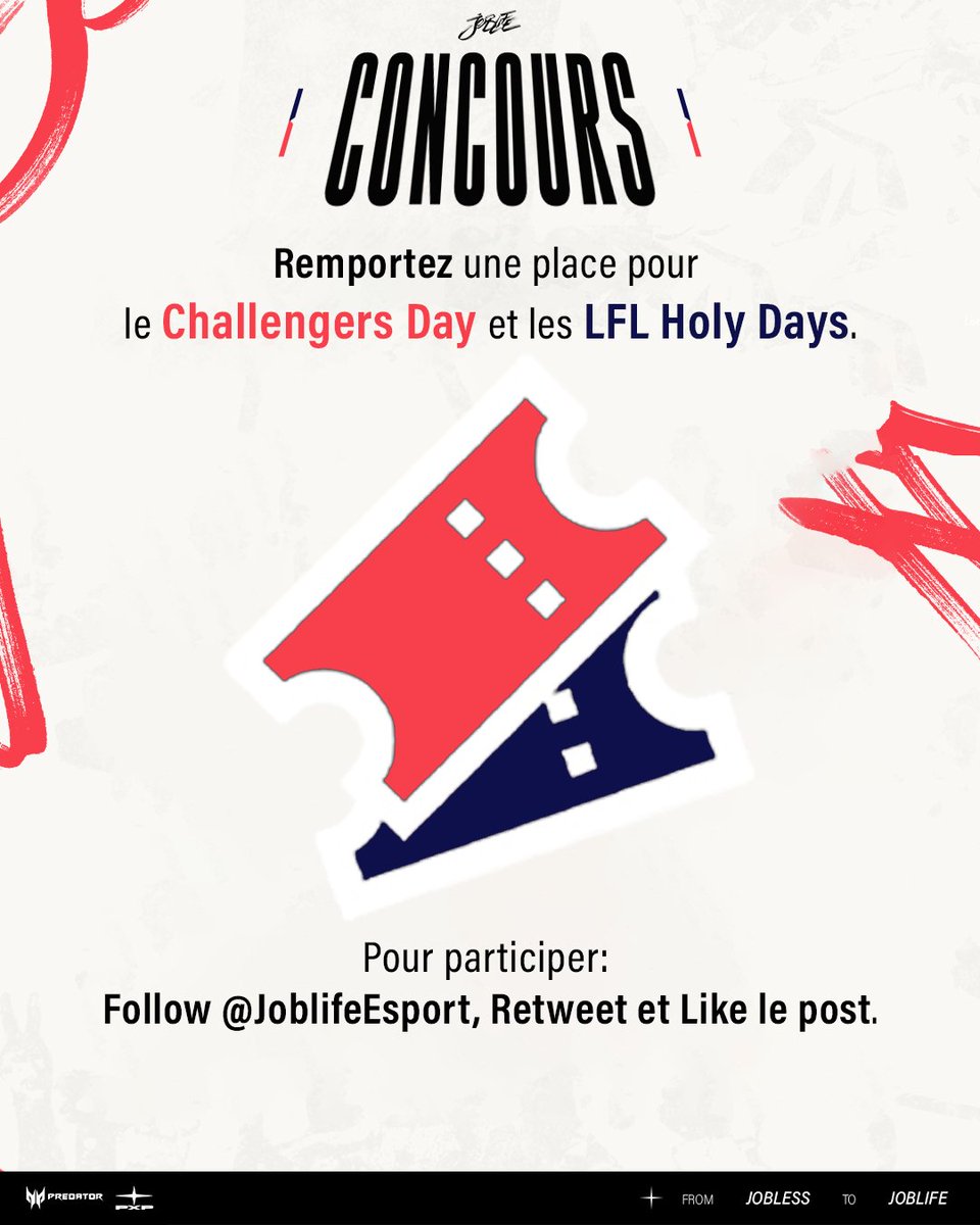🔥 𝐂𝐎𝐍𝐂𝐎𝐔𝐑𝐒 🔥

À l'occasion des events offline, on vous fait gagner 5 places pour le Challengers Day et les LFL Holy Days ❤️💙

Pour participer:
Follow <a href="/JoblifeEsport/">Joblife</a> + Like ❤️+ RT 🔁

TAS le 04/04 ⏰ | #JOBLIFE