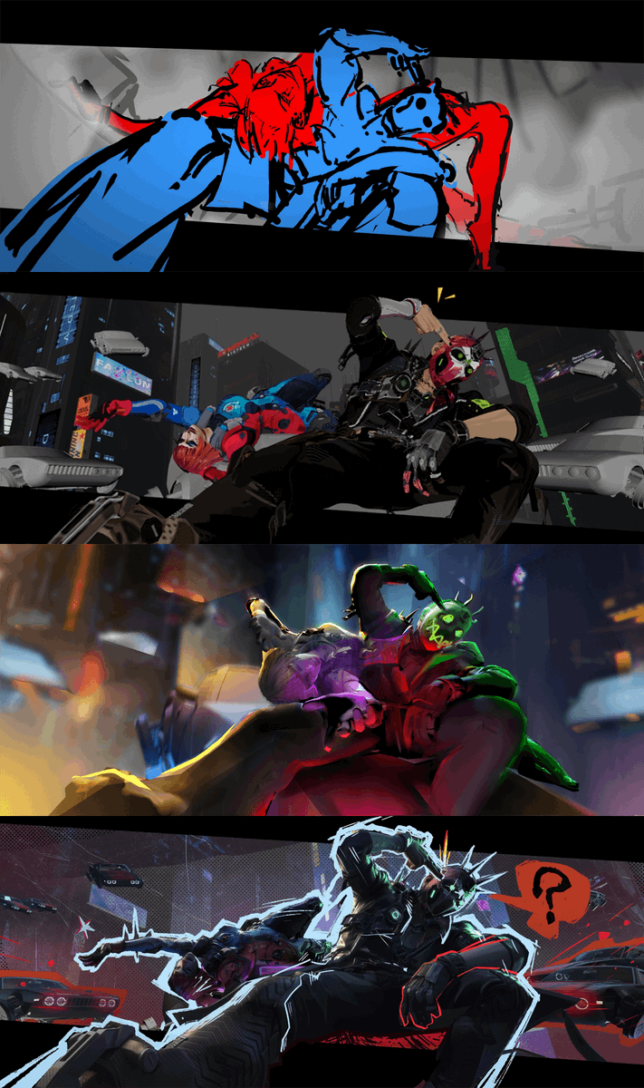 PlayFragPunk's tweet photo. Our Lancers, the stars of the show—see their journey from rough sketches to Cinematic Trailer! 🎨🔥

Swipe to see the evolution! 👀

#FragPunk #BreakTheRules https://t.co/VW5Jq7Yn1U