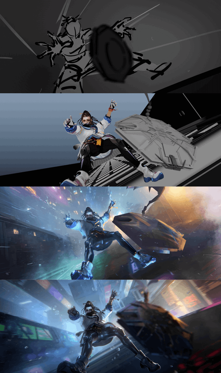 PlayFragPunk's tweet photo. Our Lancers, the stars of the show—see their journey from rough sketches to Cinematic Trailer! 🎨🔥

Swipe to see the evolution! 👀

#FragPunk #BreakTheRules https://t.co/VW5Jq7Yn1U