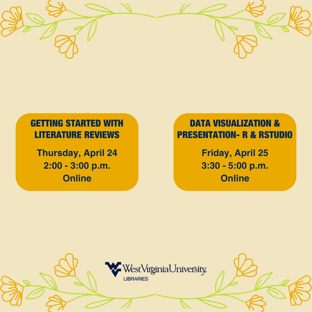 Mark your calendars to join tomorrow’s (April 3) online workshop and learn how to submit your thesis or dissertation electronically to the Research Repository! 

Register now to receive zoom information: wvu.libcal.com/event/14205247