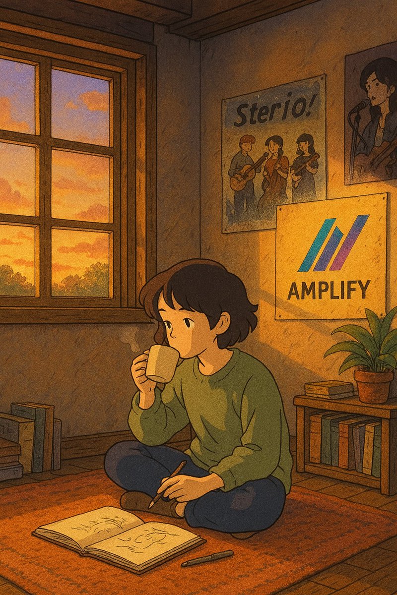 tokenaurelius's tweet photo. 2. Amplify Album Wall 🎶🖼️

In the Ghibli art style: a cozy studio room at sunset. A young creator sips tea while sketching on the floor. On the wall behind them—old band posters and an Amplify album cover pinned up like inspiration. Add small details to make the scene come alive with a layered background.

🎨 AI tip: Request "layered backgrounds" or "depth of field" with elements like distant mountains, quaint villages, or winding paths to create a lived-in, storybook world.