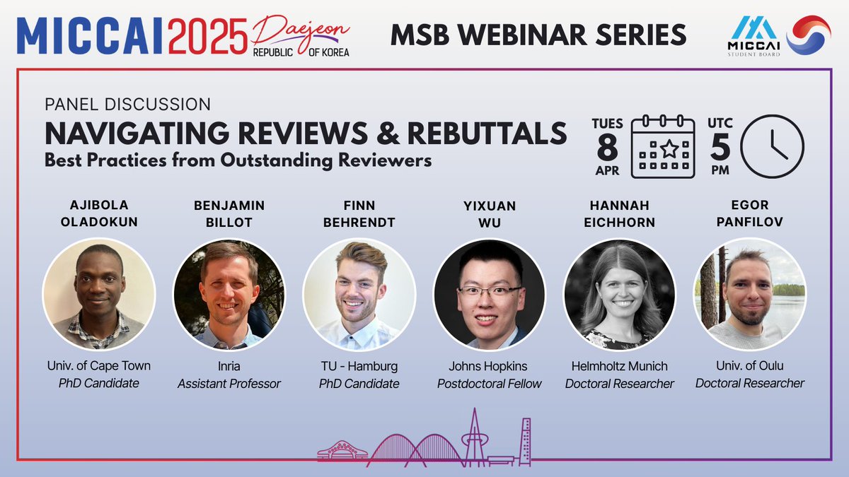 📣Announcing our first #MICCAI2025 webinar!
Join our panel discussion on navigating reviews and rebuttals from our very own Outstanding Reviewers!
📅 Tuesday 8 April 2025
⏰ 5-6:30pm UTC
Registration is free and required!
🔗us02web.zoom.us/webinar/regist…