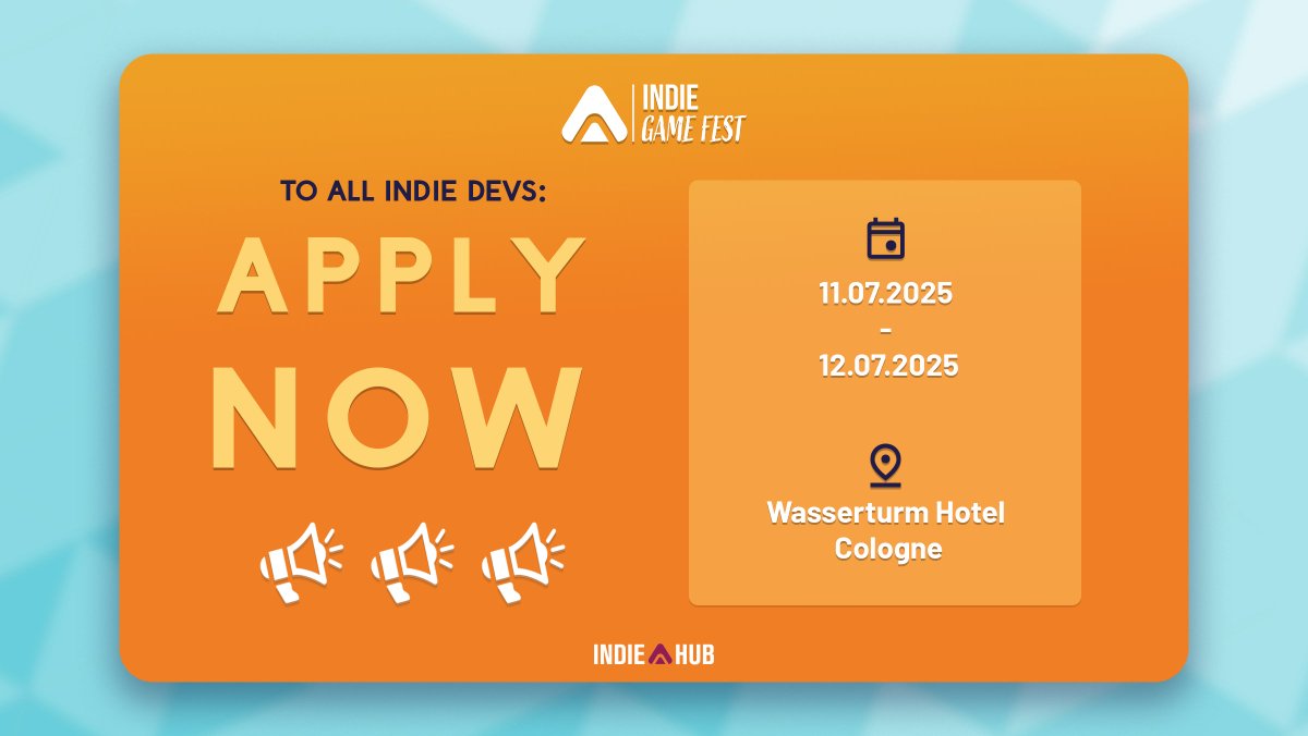 🚀 #IndieGameFest2025 Submissions are open!

🖊️forms.office.com/e/tt2TF3Uztz
📅 Deadline: June 1

We can’t wait to welcome your creative games to our event and celebrate them together! 🎉

#indiedev #gamingevent #networking #indiegames #indiestudio #Cologne
