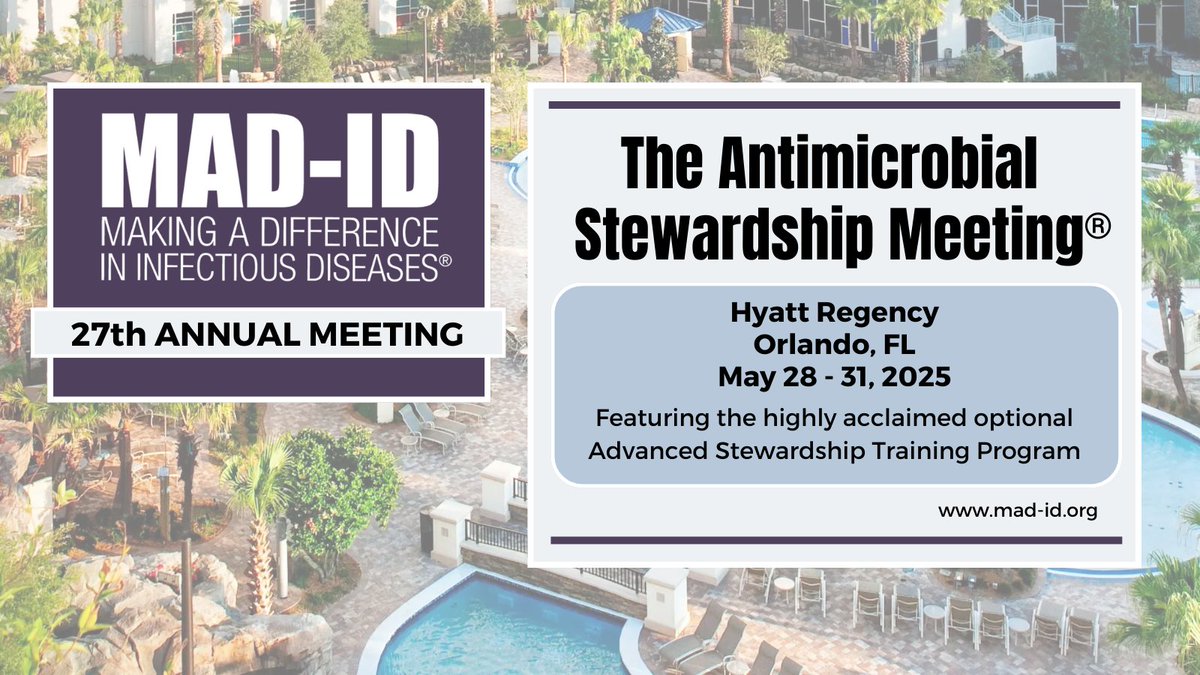 CIDRAP-ASP (@cidrap_asp) on Twitter photo Are you looking to connect with like-minded infectious diseases professionals sharing research and ideas about addressing antimicrobial resistance?
Don't forget to register for the <a href="/MAD_ID_ASP/">MAD-ID The Antimicrobial Stewardship Meeting®️</a> annual meeting coming up in May. CPE & CME are available! mad-id.org/annual-meeting… Are you looking to connect with like-minded infectious diseases professionals sharing research and ideas about addressing antimicrobial resistance?
Don't forget to register for the <a href="/MAD_ID_ASP/">MAD-ID The Antimicrobial Stewardship Meeting®️</a> annual meeting coming up in May. CPE & CME are available! mad-id.org/annual-meeting…