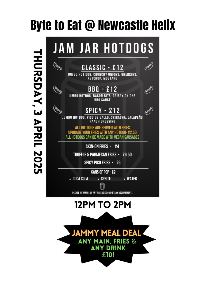 The Lumen, Newcastle Helix (@lumennewcastle) on Twitter photo Jam Jar will be <a href="/TheCoreUK/">The Core, Newcastle</a> <a href="/newcastlehelix/">Newcastle Helix</a> from 12PM to 2PM tomorrow, serving up their loaded hotdogs! Their Jammy Meal Deal is an absolute steal – any main, fries, and drink for just £10! Jam Jar will be <a href="/TheCoreUK/">The Core, Newcastle</a> <a href="/newcastlehelix/">Newcastle Helix</a> from 12PM to 2PM tomorrow, serving up their loaded hotdogs! Their Jammy Meal Deal is an absolute steal – any main, fries, and drink for just £10!