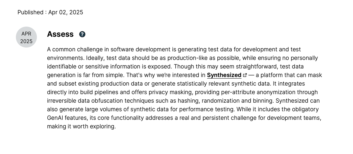 Sergei Egorov 🦋 (@bsideup) on Twitter photo Congratulations to <a href="/Synthesizedio/">Synthesized</a> on making it to the Radar! 👏
thoughtworks.com/radar/platform… Congratulations to <a href="/Synthesizedio/">Synthesized</a> on making it to the Radar! 👏
thoughtworks.com/radar/platform…