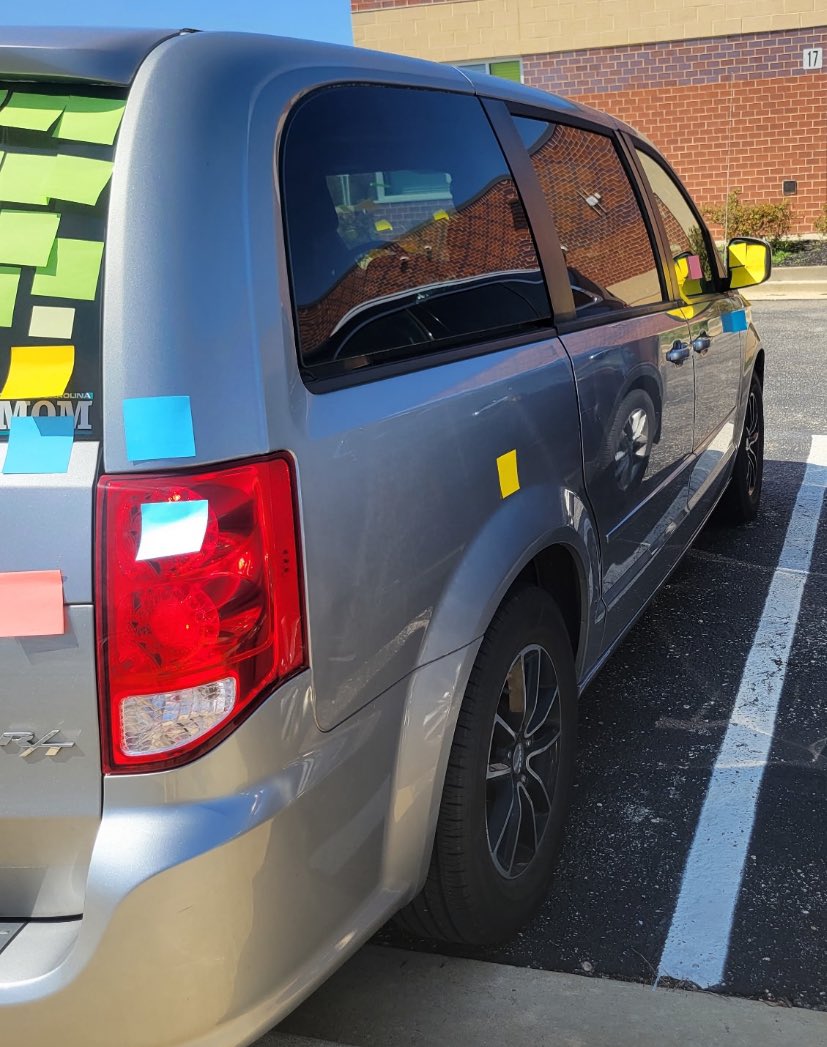 DrMuddES's tweet image. Yesterday was one for the books! For April Fools’ Day, the whole school came together to cover our amazing Vice Principal, Mrs. Soderstrom’s van in sticky notes!
We got her good — and of course, all in good fun because we love and appreciate her so much.
#AprilFools #SchoolSpirit