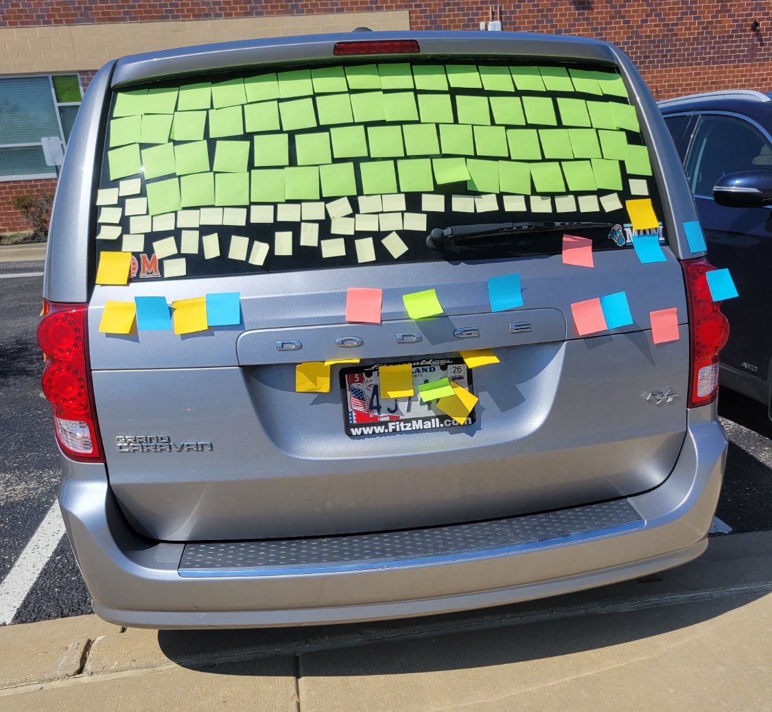 DrMuddES's tweet image. Yesterday was one for the books! For April Fools’ Day, the whole school came together to cover our amazing Vice Principal, Mrs. Soderstrom’s van in sticky notes!
We got her good — and of course, all in good fun because we love and appreciate her so much.
#AprilFools #SchoolSpirit