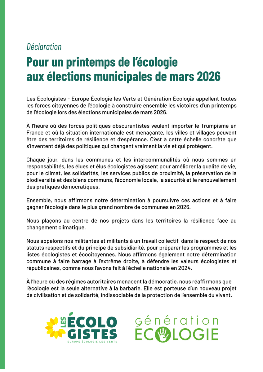 EELV's tweet photo. Pour un printemps de l’écologie ! 🌱

Avec @GEcologie, nous appelons à unir toutes les forces citoyennes de l'écologie pour les municipales 2026.

Pour que nos villes soient des territoires de résilience, de solidarité et de protection du vivant face aux menaces autoritaires. https://t.co/JzmJCYfBZe