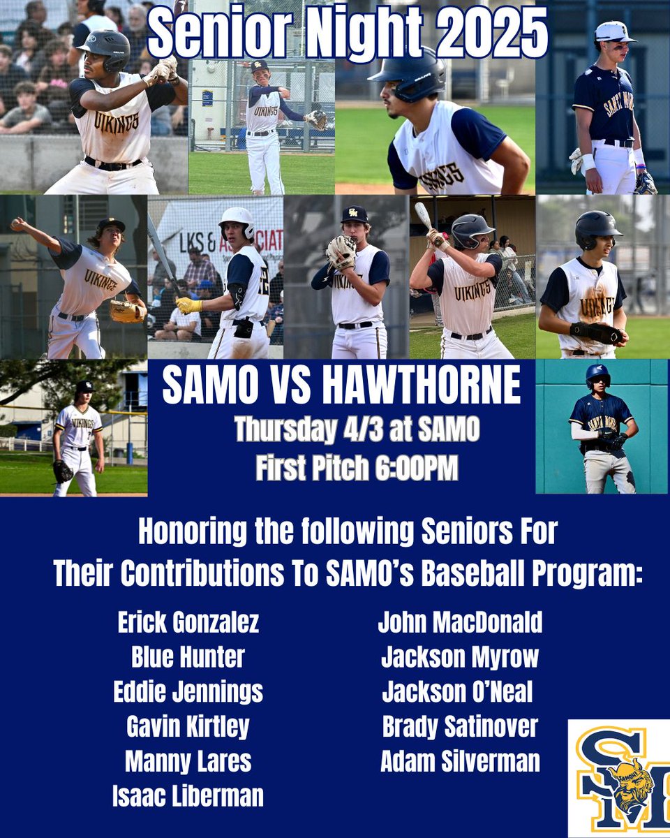 Upcoming Game:  Thursday 4/3 vs Hawthorne at SAMO at 6pm.  It's Senior Night honoring the 2025 graduates for their contributions to SAMO's Baseball Program.
#GOSAMO #SAMOhiBASEBALL