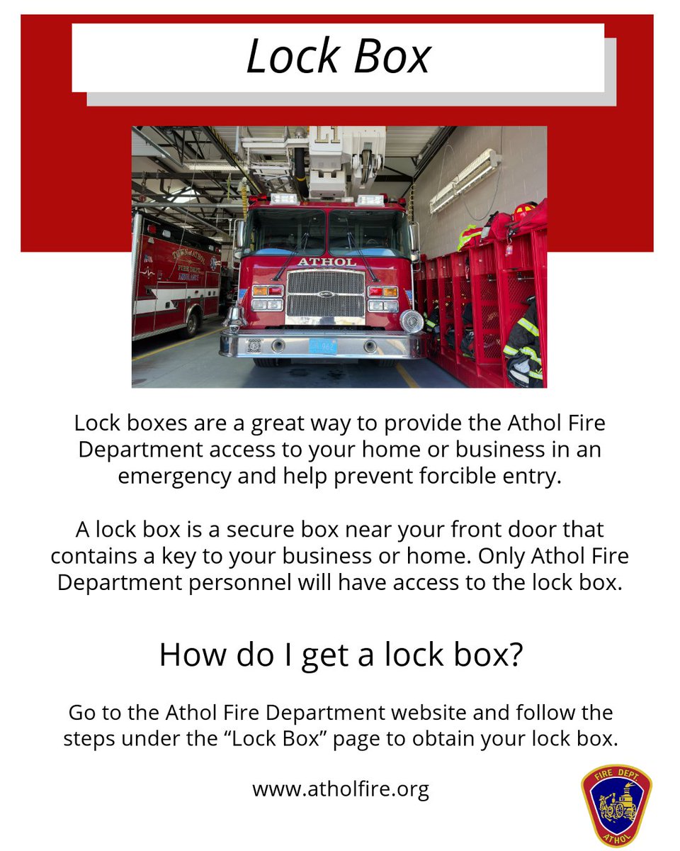 AtholFire's tweet image. In an emergency, a lock box allows the Athol FD quick access to your home or business. This secure box holds a key to your property that only authorized Athol FD personnel can access. ⁠

To get your own lock box, visit the Athol Fire Department website.⁠

#AtholFire #Lockbox