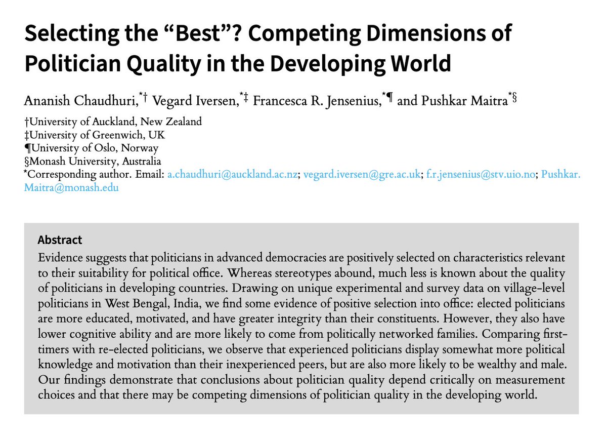 Milan Vaishnav (@milanv) on Twitter photo New research from <a href="/fr_jensenius/">Francesca R. Jensenius</a> et al on political selection, drawing on evidence from West Bengal
Elected politicians are more educated, motivated & have greater integrity than constituents. But, they have lower cognitive ability & more likely to come from political families New research from <a href="/fr_jensenius/">Francesca R. Jensenius</a> et al on political selection, drawing on evidence from West Bengal
Elected politicians are more educated, motivated & have greater integrity than constituents. But, they have lower cognitive ability & more likely to come from political families