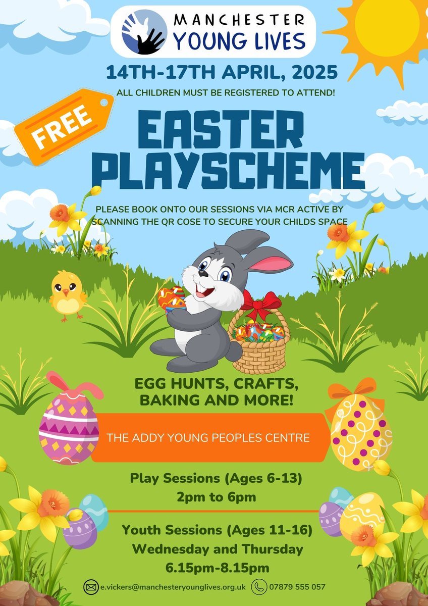 MYL_info's tweet photo. The Addy Young People's Centre Easter playscheme starts next week.๐ Places can be booked via the QR code, please click on link below to check eligibility https://t.co/5XNchf5A9Yโฆ
#HAF2025 #Easterplayscheme
@MCRactiveHA https://t.co/uQhI7ZQVJB