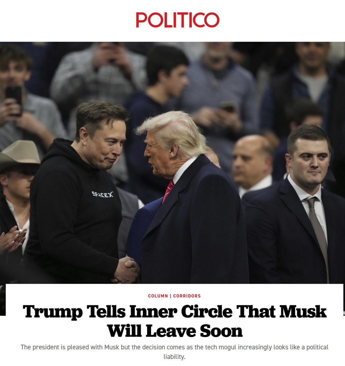 Trump已告知包括内阁成员在内的核心圈子，Elon Musk将在未来几周内辞去现任职务返回公司。  今天已经在工厂里拍机器人视频了，估计比预计的时间更快。这对$