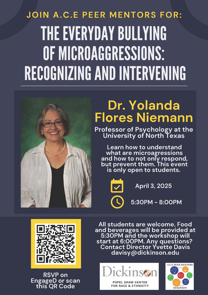 Join the A.C.E. Peer Mentor program and the Popel Shaw Center for Race and Ethnicity for this event on April 3rd starting at 5:30pm for food and the workshop starting at 6:00pm in Denny 317. Learn how to respond to and prevent microaggressions.