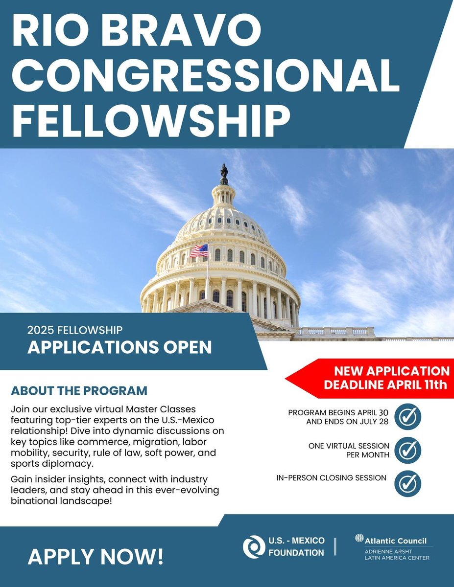 ACLatAm's tweet image. Are you interested in the US-Mexico bilateral relationship? The Rio Bravo Congressional Fellowship is for you. We invite you to review the requirements and apply! The deadline has been extended to Friday April 11, 2025! Apply at the link in our bio! #ACMexico #USMF #RBCF