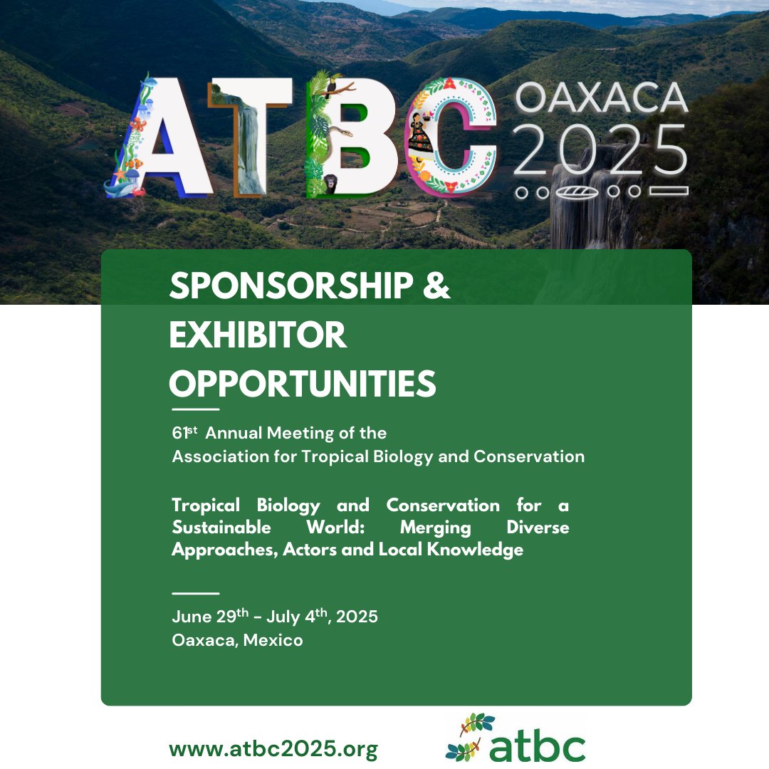 🌿 Be Part of #ATBC2025: Sponsorship &amp; Exhibitor Opportunities Now Open! 🌿
Showcase your organization’s work, products, and initiatives!
Explore sponsorship and exhibitor options today! ✨
🔗 Brochure: : conta.cc/3E7Irv1
📩 Contact us: atbc2025@tropicalbiology.org