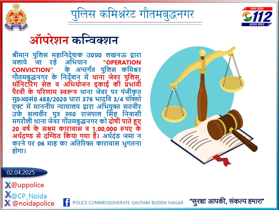 CP Noida (@cp_noida) on Twitter photo .<a href="/dgpup/">DGP UP</a> рдорд╣реЛрджрдп рджреНрд╡рд╛рд░рд╛ рдЪрд▓рд╛рдпреЗ рдЬрд╛ рд░рд╣реЗ рдЕрднрд┐рдпрд╛рди #OperationConviction рдХреЗ рдЕрдиреНрддрд░реНрдЧрдд <a href="/CP_Noida/">CP Noida</a> рдХреЗ рдирд┐рд░реНрджреЗрд╢рди рдореЗрдВ #NoidaPolice рд╡ рдЕрднрд┐рдпреЛрдЬрди рдЗрдХрд╛рдИ рдХреА рдкреНрд░рднрд╛рд╡реА рдкреИрд░рд╡реА рдХреЗ рдкрд░рд┐рдгрд╛рдо рд╕реНрд╡рд░реВрдк рдорд╛рдирдиреАрдп рдиреНрдпрд╛рдпрд╛рд▓рдп рджреНрд╡рд╛рд░рд╛ 01 рдЕрднрд┐рдпреБрдХреНрдд рдХреЛ 20 рд╡рд░реНрд╖ рдХреЗ рд╕рд╢реНрд░рдо рдХрд╛рд░рд╛рд╡рд╛рд╕ рд╡ тВ╣1,00,000/- рдХреЗ рдЕрд░реНрдерджрдВрдб рд╕реЗ рджрдВрдбрд┐рдд рдХрд┐рдпрд╛ рдЧрдпрд╛ред .<a href="/dgpup/">DGP UP</a> рдорд╣реЛрджрдп рджреНрд╡рд╛рд░рд╛ рдЪрд▓рд╛рдпреЗ рдЬрд╛ рд░рд╣реЗ рдЕрднрд┐рдпрд╛рди #OperationConviction рдХреЗ рдЕрдиреНрддрд░реНрдЧрдд <a href="/CP_Noida/">CP Noida</a> рдХреЗ рдирд┐рд░реНрджреЗрд╢рди рдореЗрдВ #NoidaPolice рд╡ рдЕрднрд┐рдпреЛрдЬрди рдЗрдХрд╛рдИ рдХреА рдкреНрд░рднрд╛рд╡реА рдкреИрд░рд╡реА рдХреЗ рдкрд░рд┐рдгрд╛рдо рд╕реНрд╡рд░реВрдк рдорд╛рдирдиреАрдп рдиреНрдпрд╛рдпрд╛рд▓рдп рджреНрд╡рд╛рд░рд╛ 01 рдЕрднрд┐рдпреБрдХреНрдд рдХреЛ 20 рд╡рд░реНрд╖ рдХреЗ рд╕рд╢реНрд░рдо рдХрд╛рд░рд╛рд╡рд╛рд╕ рд╡ тВ╣1,00,000/- рдХреЗ рдЕрд░реНрдерджрдВрдб рд╕реЗ рджрдВрдбрд┐рдд рдХрд┐рдпрд╛ рдЧрдпрд╛ред