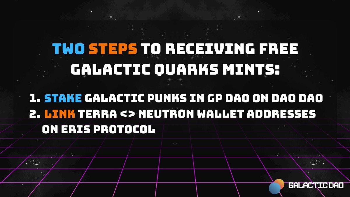 galactic_punks's tweet image. 🔶 MINT GALACTIC QUARKS FOR FREE 🔶

Are you prepared to receive your free @galactic_quarks mint(s)?

Galactic Punks holders must complete two VITAL steps to mint their FREE Galactic Quarks when @superbolt_wtf launches 🌩️

Snapshot date 18th April 📸

Full details 🧵⤵️