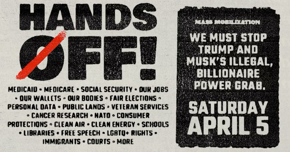 🚨 Please take a moment to read this important notice about this Saturday's nationwide Hands Off! mobilization to stop Donald Trump and Elon Musk's illegal billionaire power-grab. mobilize.us/handsoff/event…