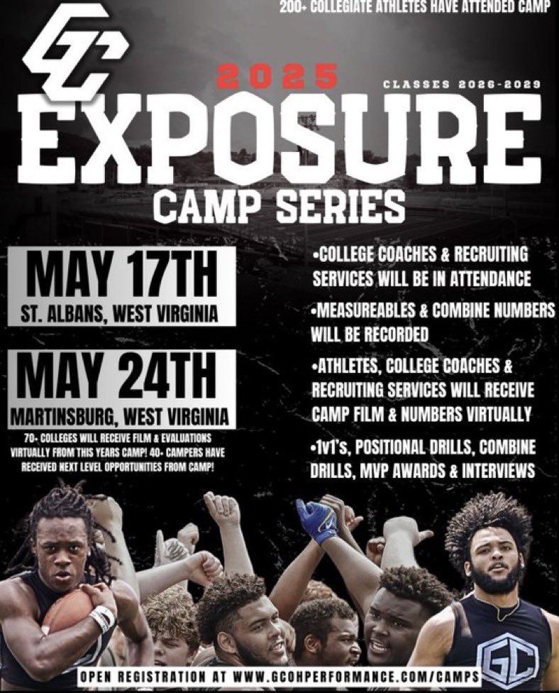 Thank you <a href="/GCECampSeries/">GC Exposure Camp Series</a> for the invite!
<a href="/GCMotion7v7/">GC Motion 7v7</a> 
<a href="/GordonCohagan/">Gordon Cohagan</a> 
<a href="/StreetSarrett/">Street Sarrett</a> 
<a href="/BeckleyFB/">Beckley Football</a>