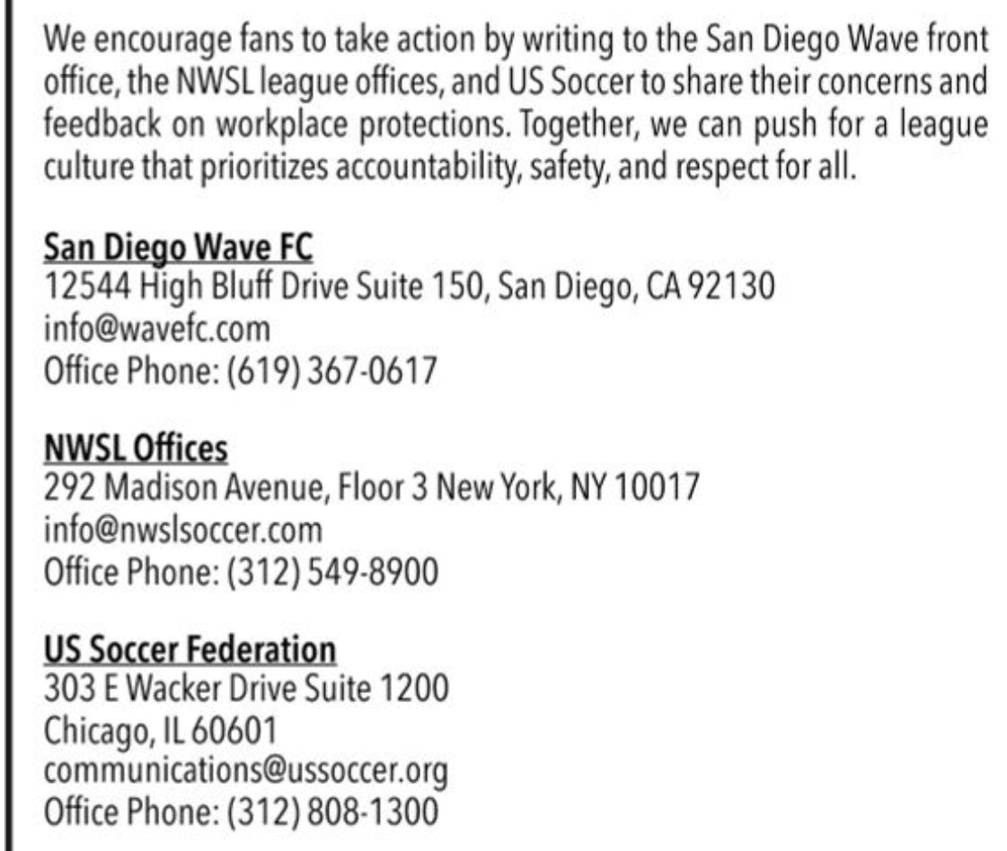 Andrew Eastmond (@eastmond_andrew) on Twitter photo Here's how <a href="/NWSL/">National Women’s Soccer League</a> fans can constructively act to express their displeasure with how the Wave, NWSL and <a href="/ussoccer/">U.S. Soccer</a> have failed to act appropriately in the years following the October 2022 Yates Report detailing abuse in women's soccer and how to potentially stop it going forward Here's how <a href="/NWSL/">National Women’s Soccer League</a> fans can constructively act to express their displeasure with how the Wave, NWSL and <a href="/ussoccer/">U.S. Soccer</a> have failed to act appropriately in the years following the October 2022 Yates Report detailing abuse in women's soccer and how to potentially stop it going forward
