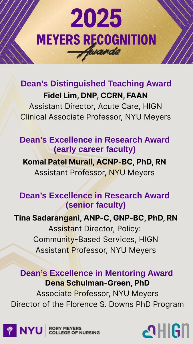 HIGN at NYU Meyers (@hign_nyu) on Twitter photo We'd like to acknowledge and congratulate Profs. Fidel Lim, Komal Patel Murali, Tina Sadarangani, and Dena Schulman-Green on their fantastic work and recognition in the college!
<a href="/nyumeyers/">NYU Rory Meyers College of Nursing</a>
#nyumeyers #nyunursing #hign #recognitionawards #olderadults #geriatric #geriatricnursing We'd like to acknowledge and congratulate Profs. Fidel Lim, Komal Patel Murali, Tina Sadarangani, and Dena Schulman-Green on their fantastic work and recognition in the college!
<a href="/nyumeyers/">NYU Rory Meyers College of Nursing</a>
#nyumeyers #nyunursing #hign #recognitionawards #olderadults #geriatric #geriatricnursing