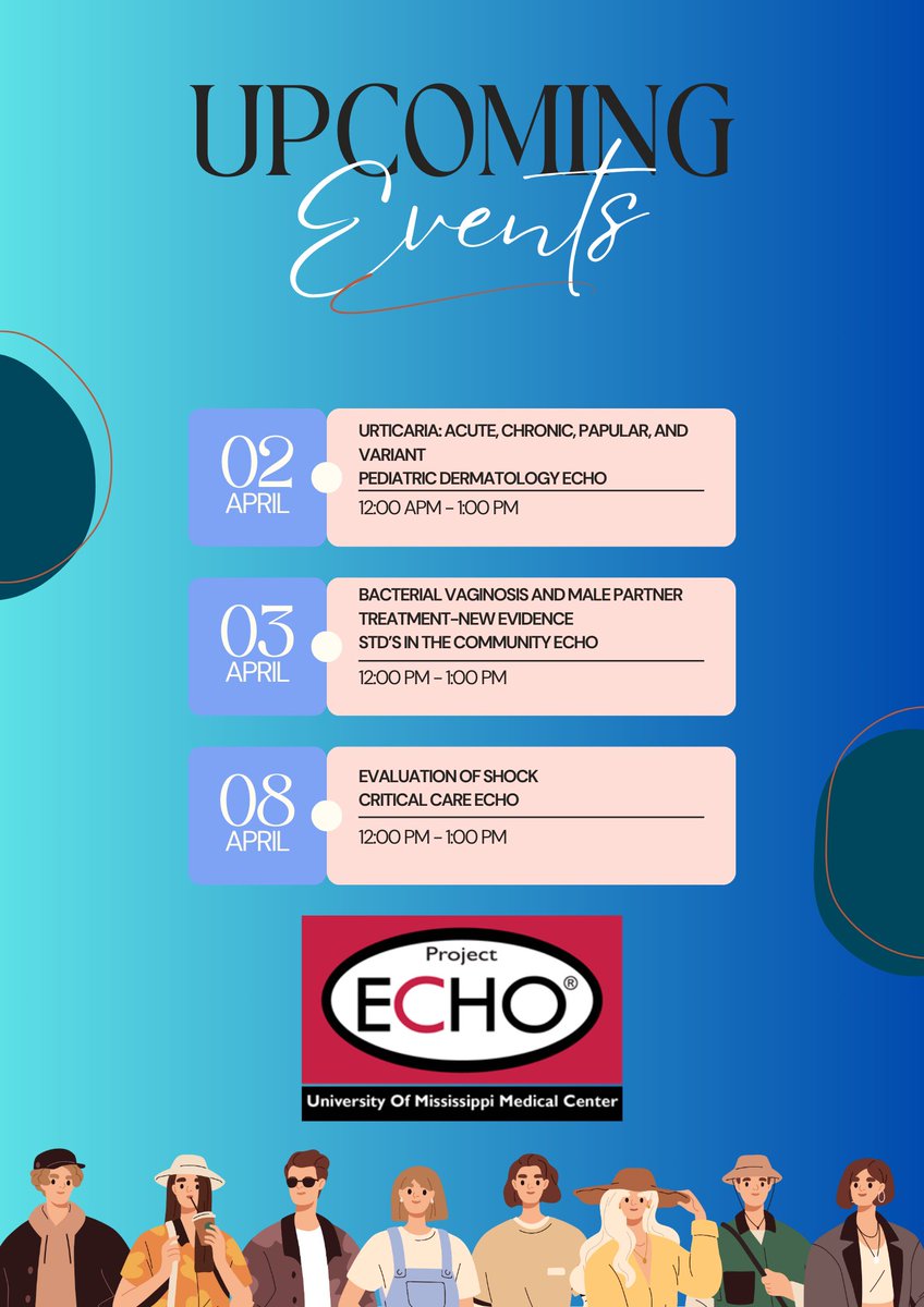 📢 Upcoming Project ECHO Sessions 📢

📅 April 2 | Urticaria (Pediatric Dermatology)
📅 April 3 | Bacterial Vaginosis &amp; Male Partner Tx (STDs)
📅 April 8 | Evaluation of Shock (Critical Care)
🕛 12:00-1:00 PM | 📍 @UMMCHealth