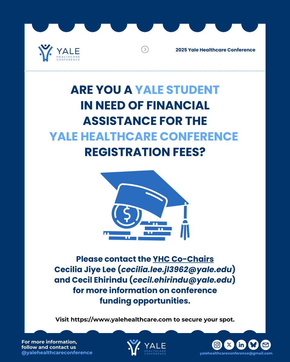Yale Healthcare Conference (@yalehc) on Twitter photo 💡 Need Financial Assistance for YHC Tickets? 💡
📩 Contact our YHC Co-Chairs for more information on available funding opportunities:
🔹 Cecilia Jiye Lee – cecilia.lee.jl3962@yale.edu
🔹 Cecil Ehirindu – cecil.ehirindu@yale.edu 💡 Need Financial Assistance for YHC Tickets? 💡
📩 Contact our YHC Co-Chairs for more information on available funding opportunities:
🔹 Cecilia Jiye Lee – cecilia.lee.jl3962@yale.edu
🔹 Cecil Ehirindu – cecil.ehirindu@yale.edu