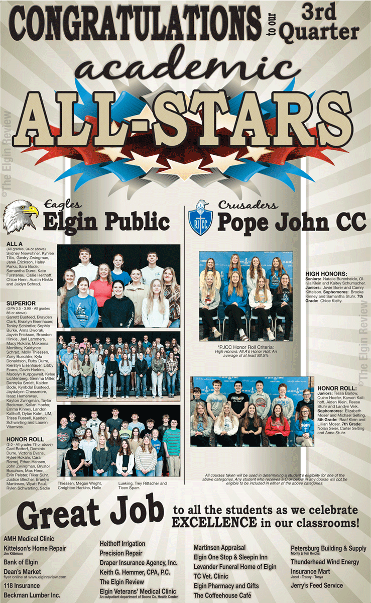theelginreview's tweet photo. Last week, @ElginPublic  and @popejohnhigh released their honor rolls for the third quarter. Great job to those making the lists, keep up working on your goals for those just short of being named. https://t.co/bX34XizhRa