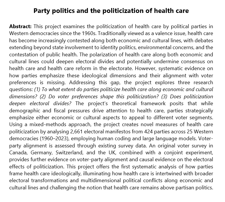 DWeisstanner's tweet image. Excited to share that my project "Party politics and the politicization of health care" has been funded by the @snsf_ch! 🚀
The project will examine how parties have politicized health care along economic & cultural lines.
A postdoc & PhD position will be available – stay tuned!