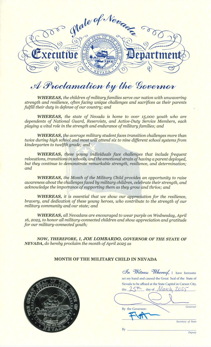 In April, we celebrate the incredible contributions of military-connected students and families in our schools and communities. Thank you to Governor Lombardo for proclaiming April as the Month of the Military Child in Nevada! 🌟 #MOMC