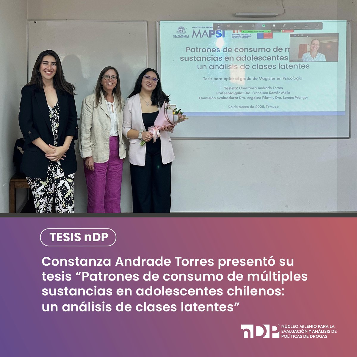 Milenio_nDP's tweet photo. 📢 Tesis en el Núcleo nDP 🎓La semana pasada, dos tesis de grado desarrolladas en el marco del Núcleo Milenio para la Evaluación y Análisis de Políticas de Drogas (nDP) fueron defendidas con éxito en el programa de Magister en Psicología de la Universidad de La Frontera.

#Tesis https://t.co/yL2rRTXVLJ
