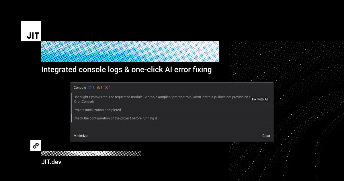 jitcoding's tweet image. 🆕 What's New
🧑💻Console Log Integration: View and interact with console logs directly in the preview results for easier debugging.
🤖Fix with AI: New one-click error resolution feature that lets you request AI assistance to fix errors instantly.