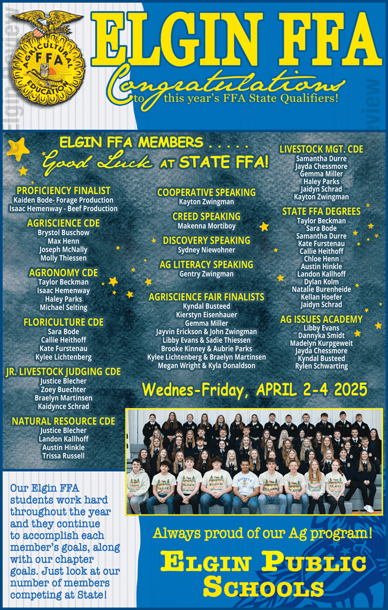 Good luck to all the Elgin FFA students competing at State this week. <a href="/popejohnhigh/">Pope John High</a>  <a href="/ElginPublic/">Elgin Public School</a>
