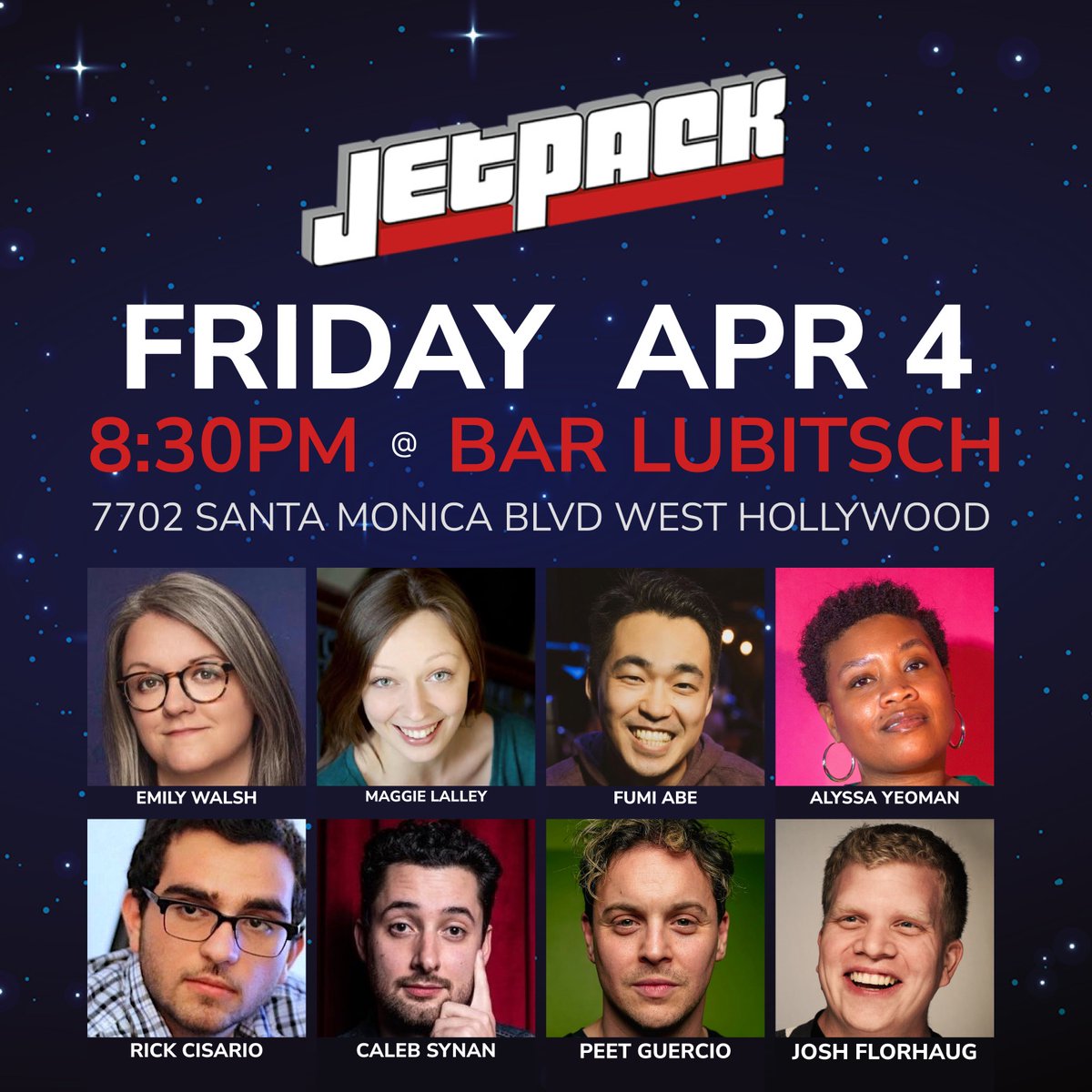 Jetpack Comedy (@jetpackcomedy) on Twitter photo 🚀 Friday at <a href="/BarLubitsch/">Bar Lubitsch</a>!
The Anti-Club Comedy Club has the best lineup in town.
<a href="/thefunnywalsh/">Emily Walsh</a> <a href="/magslals/">maggie lalley</a> @TheFumiAbe @alyssayeo @rcisario <a href="/calebsynan/">Caleb Synan</a> @PeetGuercio @Joshfcomedy
Get tickets: jetbook.co/e/jetpack-come… 🚀 Friday at <a href="/BarLubitsch/">Bar Lubitsch</a>!
The Anti-Club Comedy Club has the best lineup in town.
<a href="/thefunnywalsh/">Emily Walsh</a> <a href="/magslals/">maggie lalley</a> @TheFumiAbe @alyssayeo @rcisario <a href="/calebsynan/">Caleb Synan</a> @PeetGuercio @Joshfcomedy
Get tickets: jetbook.co/e/jetpack-come…