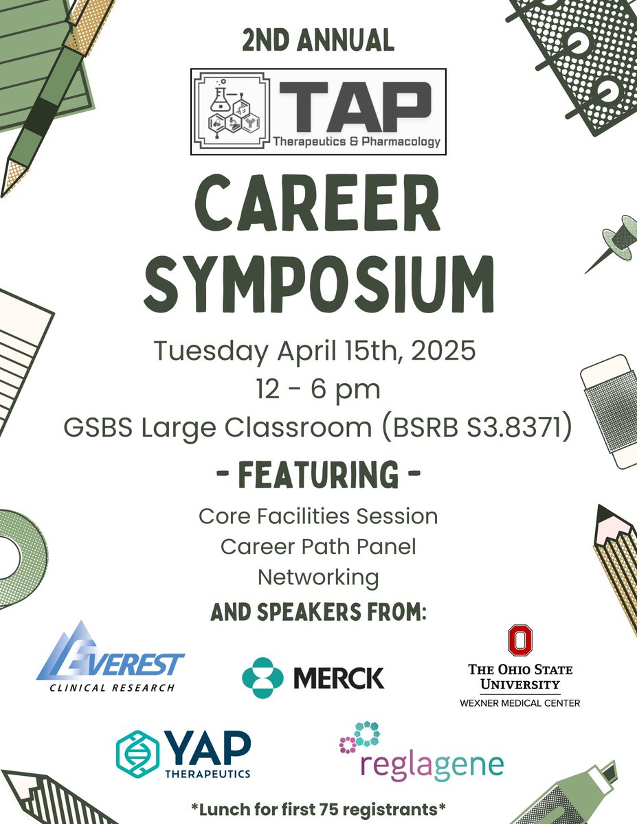 Don't forget to register for the 2nd Annual Therapeutics and Pharmacology Career Symposium!
The deadline is this Friday, April 4th, at 5 pm. 

Register: forms.gle/9dCmmheWRs1q2Q…

Lunch provided for the first 75 registrants. All GSBS students welcome.