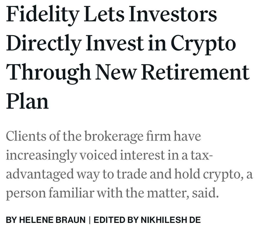 BREAKING: FIDELITY LAUNCHES RETIREMENT PLAN THAT LETS INVESTORS DIRECTLY INVEST IN CRYPTO - PER <a href="/CoinDesk/">CoinDesk</a>