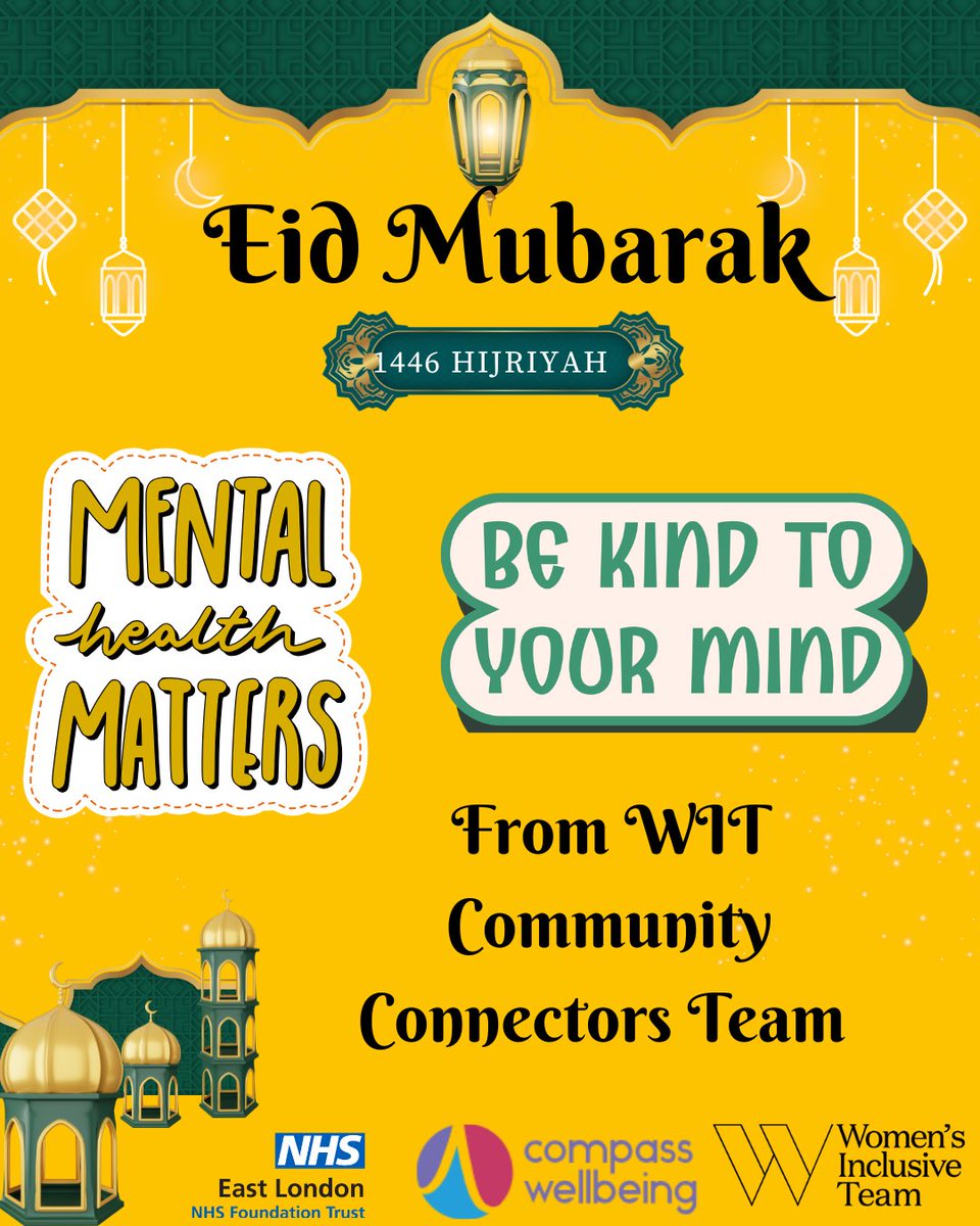 Eid Mubarak from WIT Community Connectors!🌙✨ We hope this Eid brought you peace, joy &amp; a mind full of serenity. Remember to take care of your mental well-being; rest, reflect &amp; recharge 💙 
#EidMubarak #ELFT #Communityconnectors #MentalWellness #InnerPeace #CulturallyCompetent