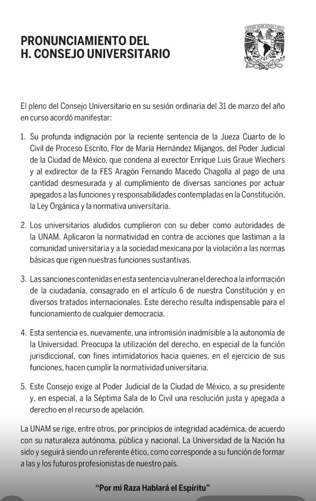 Muy bien la <a href="/UNAM_MX/">UNAM</a> . 👏🏻👏🏻👏🏻👏🏻👏🏻

Es indignante -y repulsivo- que haya jueces y juezas del <a href="/PJCDMX/">Poder Judicial de la Ciudad de México</a> que se presten para llevar al cabo venganzas tan viles: