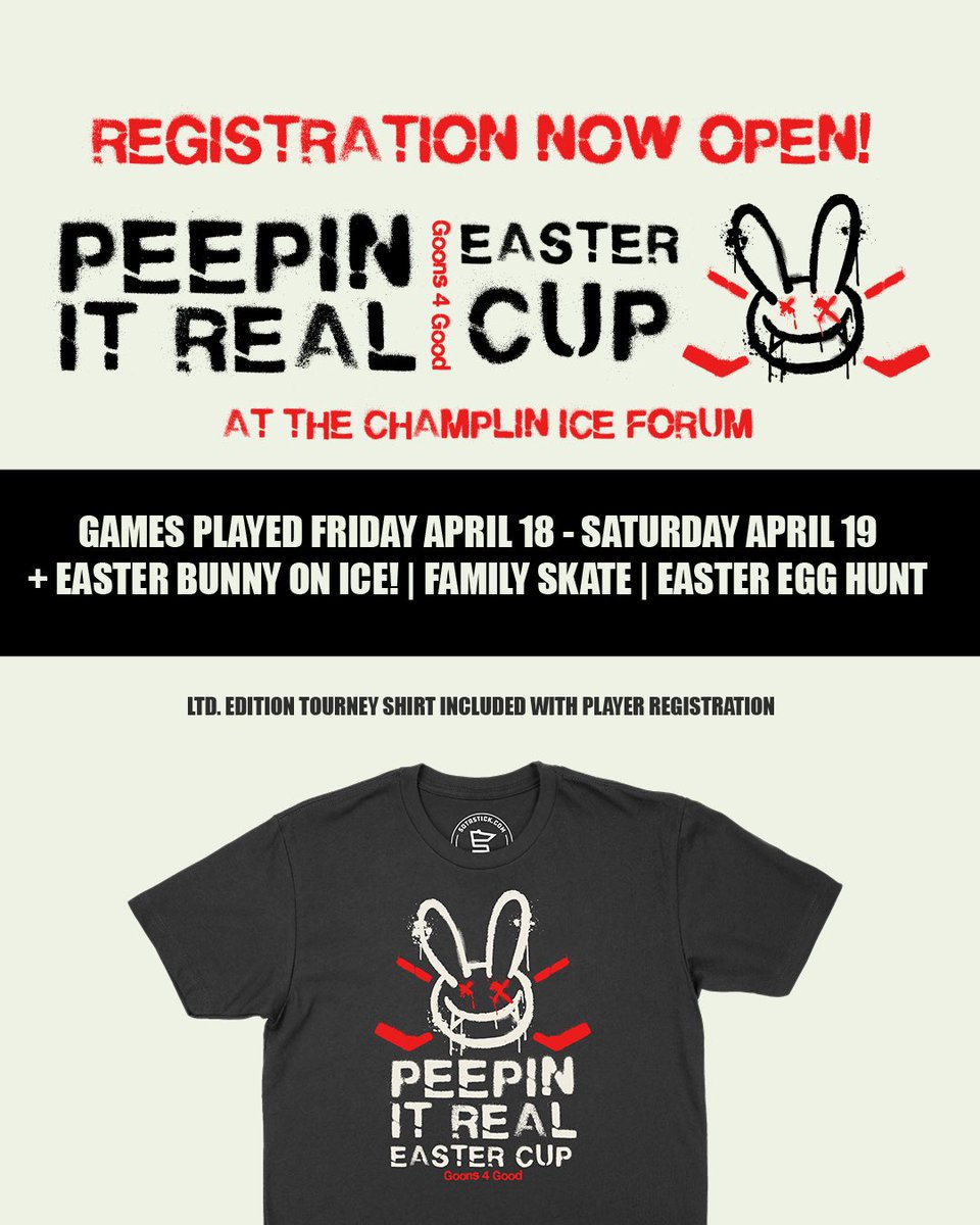 Goons4GoodHky's tweet photo. Registration is now open for our PEEPIN IT REAL EASTER CUP!

Register here ⬇️
https://t.co/dCzvX10sPJ

Adult co-ed mixer for fun hockey tourney:
** 4 game guarantee
** 17 minute runtime periods
** Balanced teams
** Request to play with up to 2 friends 
** Family friendly https://t.co/zpCF1C6L9a