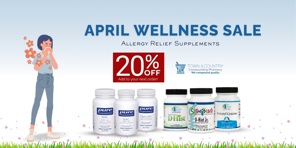 TCCompound's tweet image. Spring allergies are no joke 🌿

This April, get 20% OFF Natural D-Hist, D-Hist Jr., NAC 600mg, NAC 900mg, N-Acetyl Cysteine, and Quercetin at Town &amp;amp; Country Compounding Pharmacy. 🌼

🌐 bit.ly/2Oi3QXm 

#AllergySeason #SpringSupport #CompoundingPharmacy #TCCompound