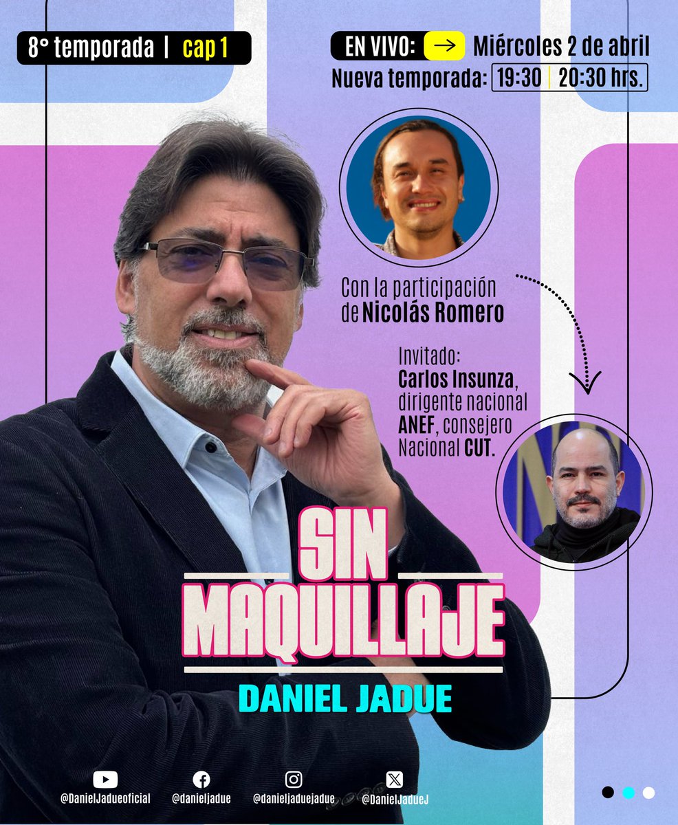🟣 Este miércoles 02 de abril inicia la 8va temporada de #sinmaquillaje 🎉 esta semana nos acompañará Carlos Insunza, dirigente Nacional de CUT Chile y ANEF, para analizar el #paronacional anunciando para este jueves.
Las y los esperamos junto a Nicolás Romero de Revista De