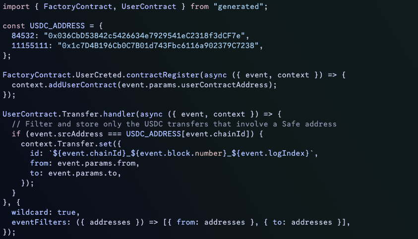 envio_indexer's tweet photo. 🚢Exciting Release: V2.16.0🚢

Topic Filters by Contract Addresses

Besides chainId added in the previous release, you can now also access contract addresses to filter by. 

For example, index your users' USDC transfers as easily as:

Release notes: https://t.co/1N99DXkcvv