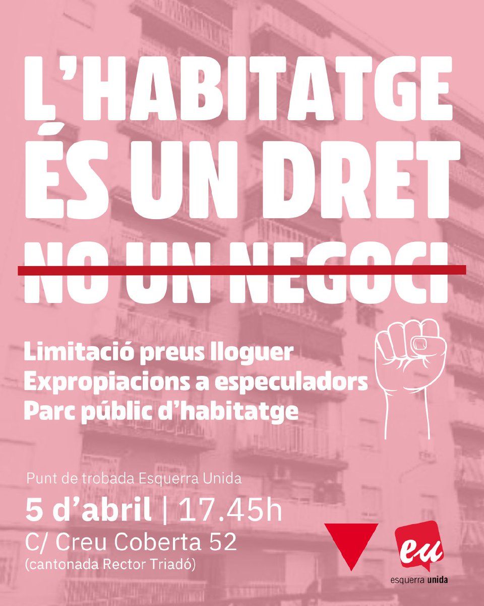 🏠✊ L'HABITATGE ÉS UN DRET, NO UN NEGOCI!

El 5 d’abril sortim al carrer per exigir lloguers justos, expropiar especuladors i un parc públic d’habitatge!

📍 17.45 h – Punt de trobada EUCat: C/ Creu Coberta 52
📍 18 h – Manifestació: Pl. Espanya

#5A #NoÉsUnNegoci
