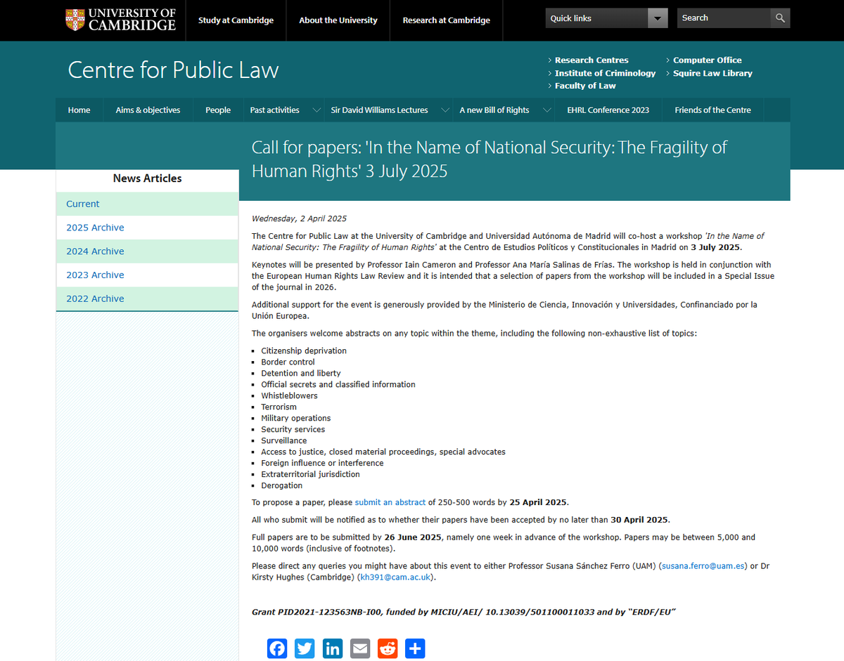 Faculty of Law (@cambridgelaw) on Twitter photo š¢ Call for papers - The Centre for Public Law (CPL) and <a href="/UAM_Madrid/">UAM Autónoma Madrid</a> are co-hosting a workshop 'In the Name of National Security: The Fragility of Human Rights' in Madrid on 3 July. The call for papers is open now:
šbit.ly/43DzNyU š¢ Call for papers - The Centre for Public Law (CPL) and <a href="/UAM_Madrid/">UAM Autónoma Madrid</a> are co-hosting a workshop 'In the Name of National Security: The Fragility of Human Rights' in Madrid on 3 July. The call for papers is open now:
šbit.ly/43DzNyU