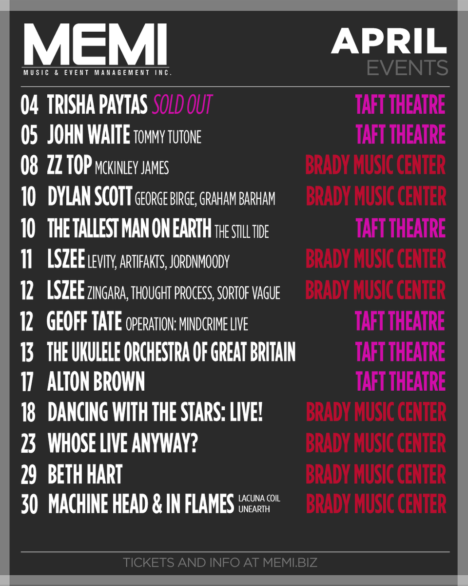 MEMI (@memiconcerts) on Twitter photo We've got a little bit of everything this month between <a href="/TaftTheatre/">TAFT THEATRE</a> and <a href="/BradyMusicCtr/">The Andrew J Brady Music Center</a> ✨Get tickets and info for any non sold-out show at memi.biz We've got a little bit of everything this month between <a href="/TaftTheatre/">TAFT THEATRE</a> and <a href="/BradyMusicCtr/">The Andrew J Brady Music Center</a> ✨Get tickets and info for any non sold-out show at memi.biz