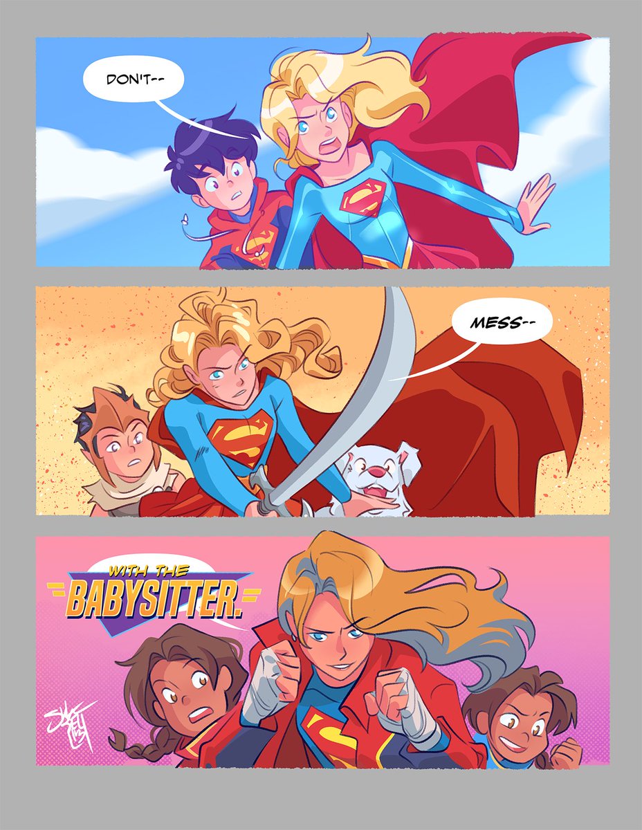 Got a request on the blog for: ‘Kara and Jon: Adventures in Babysitting!’ So naturally I had to draw three different versions of #Supergirl protecting children and animals. XD