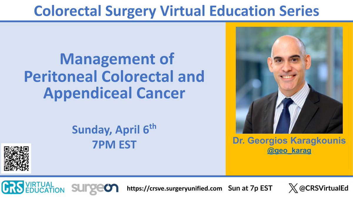CRSVirtualEd (@crsvirtualed) on Twitter photo THIS SUNDAY! Join us to hear all about the management of peritoneal disease in colorectal and appendiceal cancer with <a href="/geo_karag/">Georgios Karagkounis</a> .
Link to the live session here: share.surgeonapp.com/public/share/6β¦
Sign up for the mailing list here: crsve.surgeryunified.com
<a href="/MSKCancerCenter/">Memorial Sloan Kettering Cancer Center</a> <a href="/surgeonapp1/">SurgeOn</a> THIS SUNDAY! Join us to hear all about the management of peritoneal disease in colorectal and appendiceal cancer with <a href="/geo_karag/">Georgios Karagkounis</a> .
Link to the live session here: share.surgeonapp.com/public/share/6β¦
Sign up for the mailing list here: crsve.surgeryunified.com
<a href="/MSKCancerCenter/">Memorial Sloan Kettering Cancer Center</a> <a href="/surgeonapp1/">SurgeOn</a>