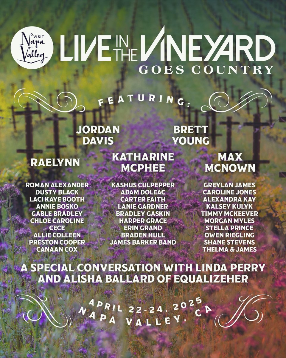 Live In The Vineyard Goes Country (LITVGC), presented by Visit Napa Valley®, has announced the addition of Jordan Davis, Laci Kaye Booth, Chloé Caroline, Preston Cooper, Bradley Gaskin, Erin Grand, Greylan James, and Timmy McKeever to its 2025 lineup.